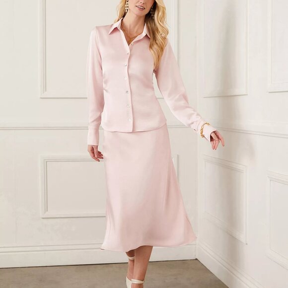 138$ Karen Kane Satin Bias Cut Midi Pull On Skirt High Rise Women's Size S Pink - Picture 2 of 4